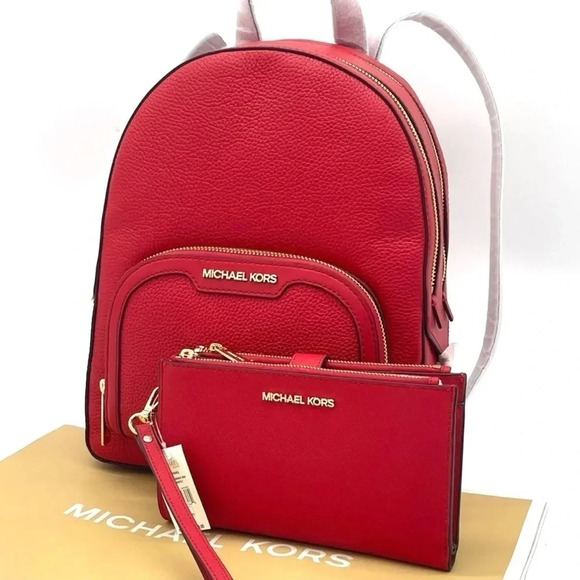 Michael Kors Jaycee Medium Backpack & Double Zip Wallet Wristlet Red (NWT) - Picture 1 of 12